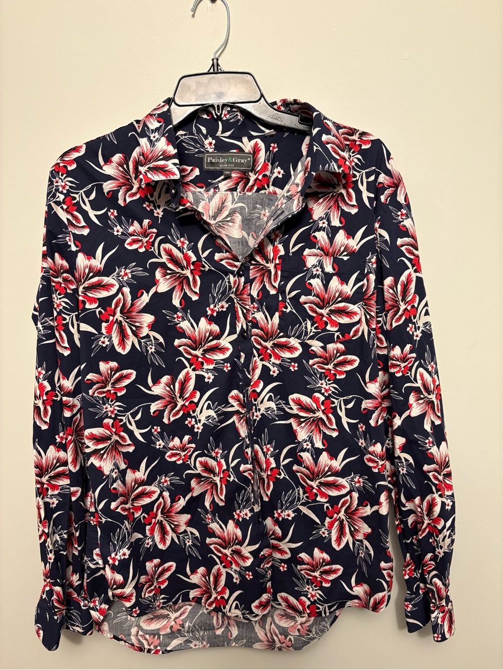Paisley & Gray Slim Fit Men Tropical Floral Shirt Size XL Navy Red White